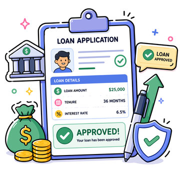 Approved loan application with financial icons and money