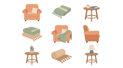 Fototapeta premium Comforting Armchair Setup Vector Icon Sheet with Blankets, Side Tables, Plant, and Lamp, Cozy Home Decor Elements