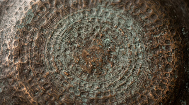 Close up of circular texture on a weathered hammered copper metal surface