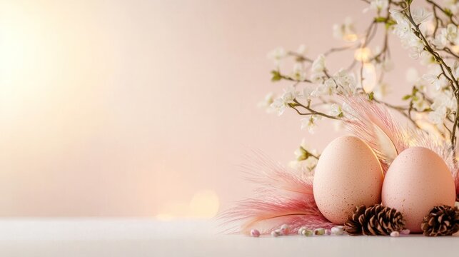 Easter Elegance: Delicate Easter eggs adorned with soft feathers and pinecones rest amidst blooming branches, illuminated by warm, ambient fairy lights, creating a serene and festive scene.