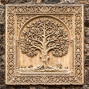 stone decorative plaque featuring a relief carving of a tree with decorative border