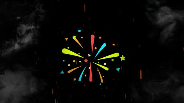 Fireworks display in a minimalist style features vibrant colorful lines and geometric shapes arranged in a symmetrical burst pattern against a solid black backdrop to celebrate festive occasions.