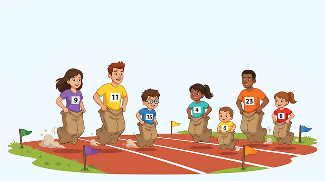 Happy children participating in a fun sack race on a professional running track during a festive independence day competition