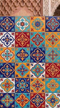 Intricate colorful ceramic mosaic tiles in traditional geometric floral patterns featuring vibrant blue yellow red and turquoise colors