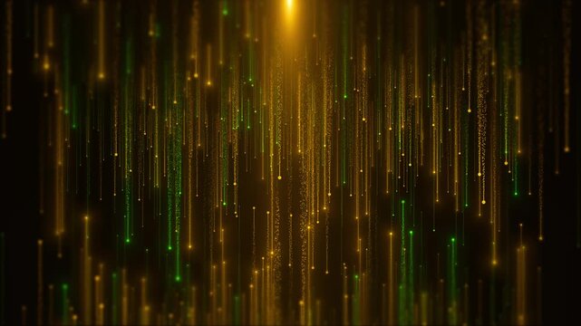 Golden and green light trails fall vertically through a dark space, blending glowing points and particles into a festive curtain for celebrations, awards, 19, data themes, and elegant reveals.