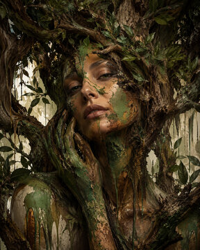 surreal fine art portrait of mother nature goddess blending with ancient tree bark