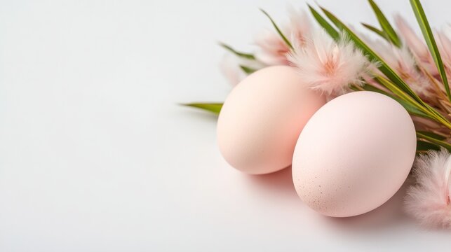 Easter Eggs with Delicate Feathers: Two pale, pastel-hued Easter eggs rest beside a soft arrangement of pink feathers and green grass, evoking a sense of spring and renewal.