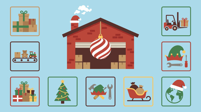 Christmas Warehouse Icon Set with Gifts, Toys, Santa's Sleigh, and Festive Elements, Flat Design Vector Illustration