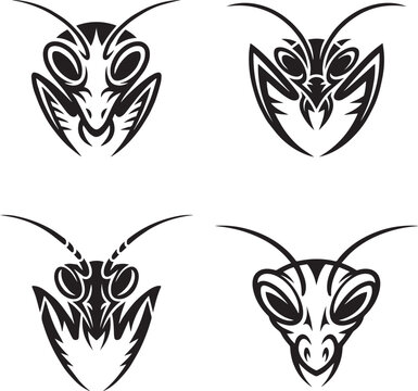 Collection of Tribal Insect Head Icons in Black Vector Style Isolated on White Background