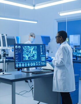 Laboratory scientist analyzing data on computer screen.