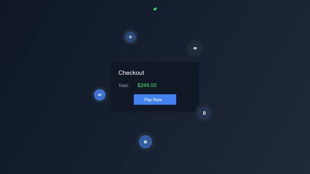 Digital checkout interface with payment button and floating icons
