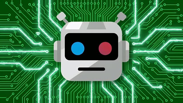 Vector illustration concept of a robot head against a circuit board background.