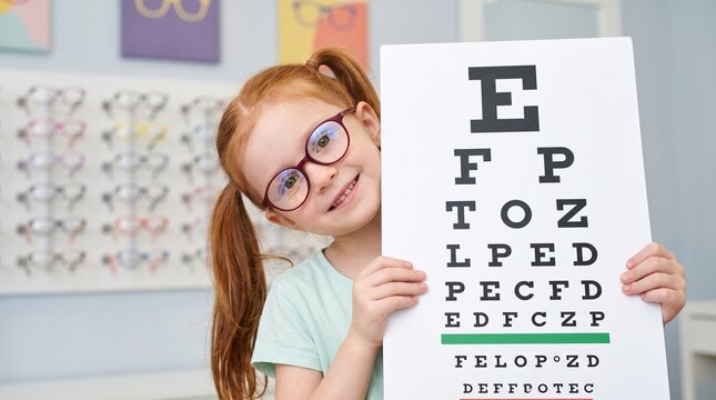 Smiling child with glasses holds eye chart during pediatric vision screening