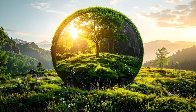Tree Inside Portal Sphere in Sunny Landscape Representing Eco Go Green Circular Economy Regeneration And Sustainable Environmental Future
