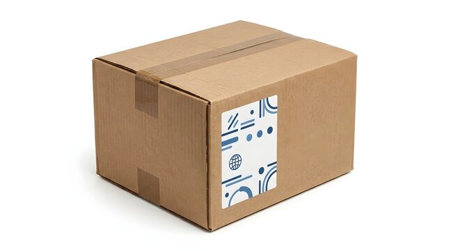 Closed brown cardboard shipping box with a decorative blue and white label isolated on a white background