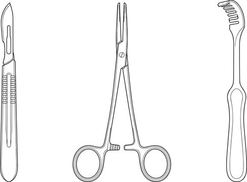 Surgical Instruments Set Scalpel Forceps and Retractor Technical Line Art Outline Vector Illustration