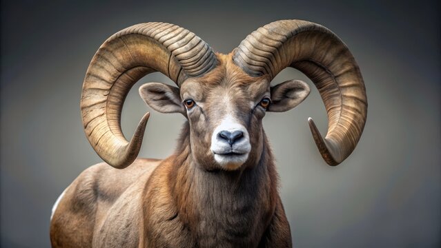 Wild bighorn ram against grey neutral background