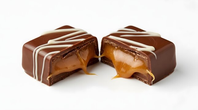 Milk chocolate candy with a soft caramel filling inside decorated with white drizzle icing