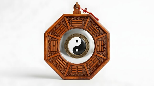Chinese bagua mirror with yin yang symbol for feng shui decoration isolated on white background