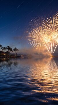 A spectacular fireworks display illuminates the twilight sky over a calm body of water, reflecting the vibrant bursts of light and distant palm trees.