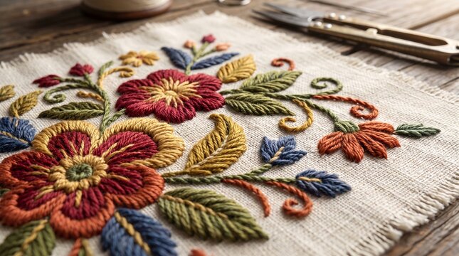 Intricate floral embroidery in rich, earthy tones adorns a textured fabric, showcasing detailed needlework and the beauty of handcrafted art, alongside a crafting tool.