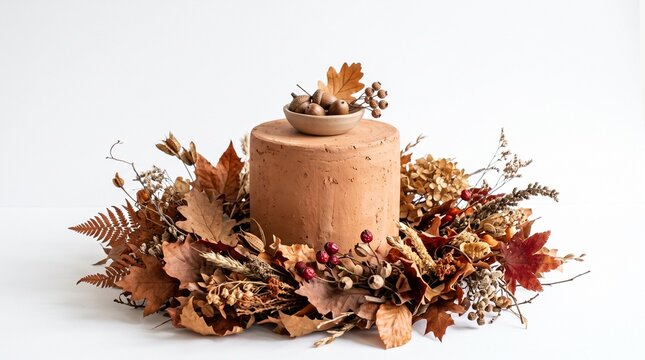 Autumnal Cake Decoration with Dried Leaves Acorns and Berries on White Background