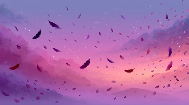 Dreamy Kpop twilight mountain scenery with floating purple plumage feathers, soft gradient pastel sky misty woodland backdrop for creative artwork and decorative templates