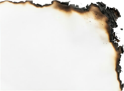 White sheet of paper with scorched and charred edges showing damage from fire and heat exposure with detailed texture close up burned burnt damaged old page document brown