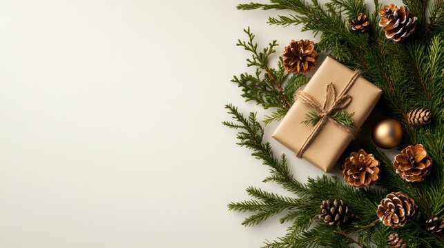 Christmas Gift Arrangement: A beautifully wrapped gift box with twine and a bow sits amidst a festive arrangement of evergreen branches, pinecones, and a golden ornament.