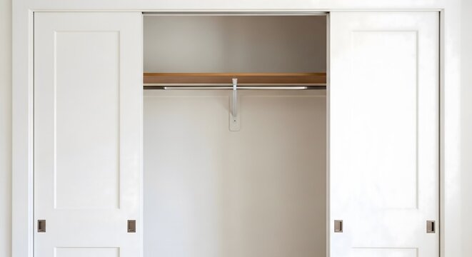 Modern white empty bedroom closet with sliding doors and shelving