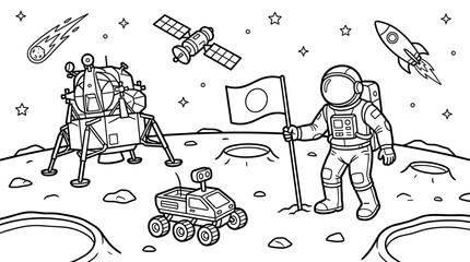 Astronaut Planting Flag on Moon Surface with Lunar Lander, Rover, Rocket and Satellite, Black and White Line Art Illustration for Coloring © Albilais