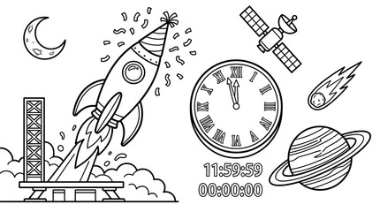 Black and White Vector Illustration of a Rocket Blasting Off from Launchpad with Party Hat and Confetti, Moon, Satellite, Comet, Saturn, and Countdown Clock, Coloring Page Style © Albilais