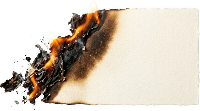 A textured piece of paper burning along one jagged edge with bright orange flames glowing embers rising smoke charred black ash debris and scorched edges destroying the document surface