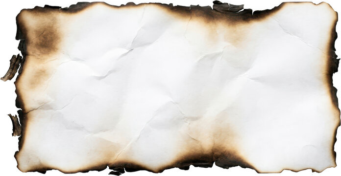 An old piece of crumpled paper featuring dark charred edges scorched borders and a heavily burnt texture showing creases folds and wrinkles across the aged surface sheet vintage