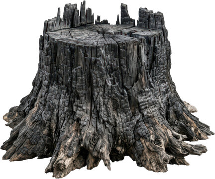 A charred wooden stump with deep cracks and jagged burnt edges showing detailed bark texture displaying dramatic black and grey coloration from fire damage and decay tree