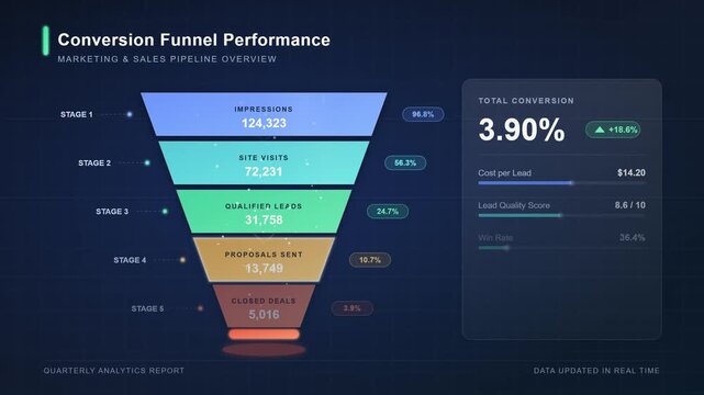 Marketing conversion funnel animation with data insights