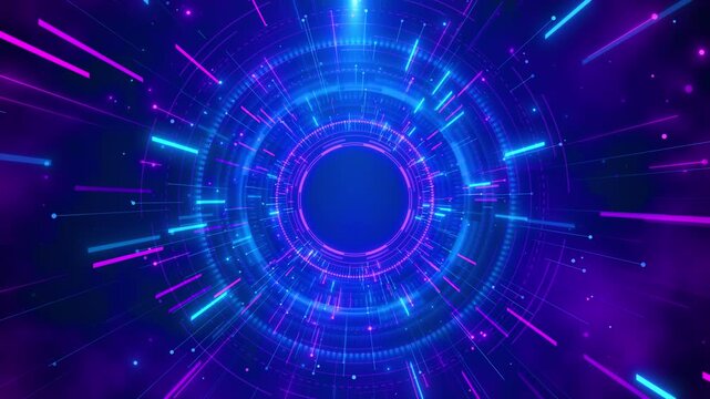 Blue and pink circular interface rings surround an open center, creating a bold futuristic portal with glowing markers for 19, data, cyber security, artificial intelligence, and digital media.