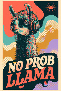 Playful llama poster wearing headphones with bold retro typography, coordinated psychedelic colours and vintage inspired illustration for modern wall art and merchandise.