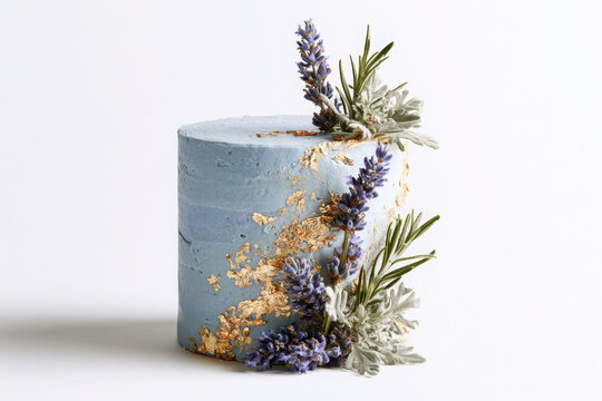 Soft blue celebration cake decorated with lavender, rosemary, dusty miller and gold leaf, creating a refined botanical design on a clean white studio background.
