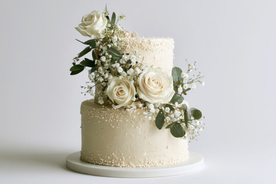 Classic ivory tiered celebration cake decorated with white roses, baby's breath and eucalyptus, finished with delicate pearl details on a white studio background.
