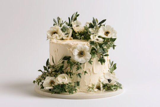 DescriptionElegant ivory celebration cake featuring white anemone, ranunculus, ivy and olive foliage with rustic buttercream styling on a clean white studio background.