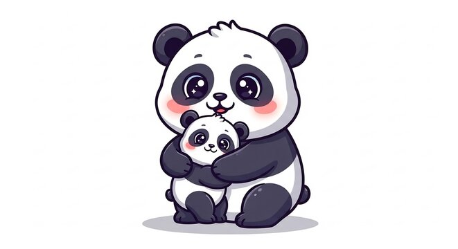 Motherly Embrace: A heartwarming illustration depicts a mother panda tenderly hugging her baby cub, both with rosy cheeks and wide, endearing eyes, conveying unconditional love and familial affection.