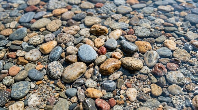 Close up of wet colorful river stones and pebbles underwater.