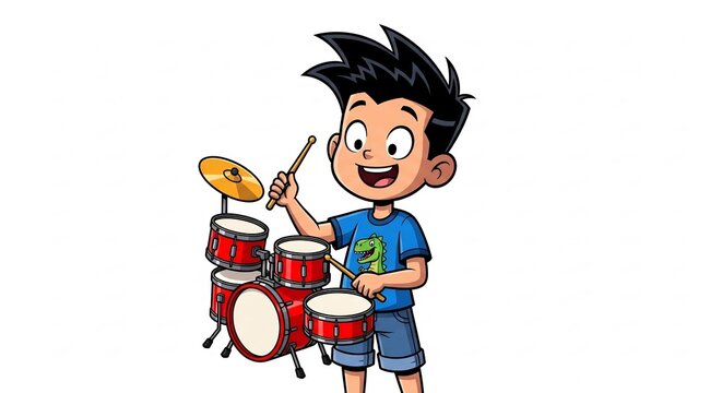 Boy Playing Drums: A happy young boy with spiky hair and a bright smile enthusiastically plays a red drum set, holding drumsticks in his hands, dressed in a blue t-shirt and denim shorts.
