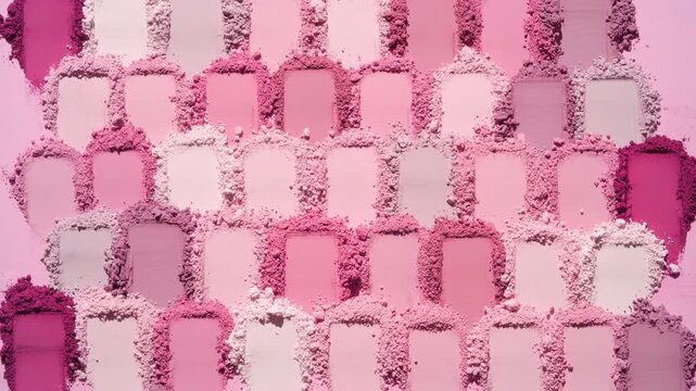 Top view capture of numerous pink and rose colored smeared powder piles lit with orbiting directional light casting dynamic shadows