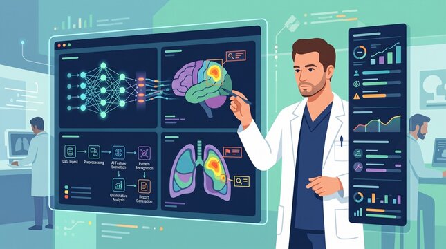 Professional using advanced artificial intelligence analyzing brain and lung medical scans with neural network data visualization with healthcare professional interacting