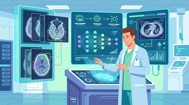 Professional analyzing advanced medical imaging using artificial intelligence technology with depicts medical professional interacting futuristic screens