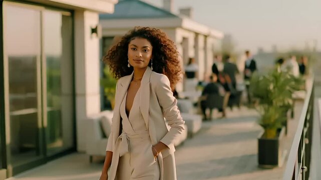 Paris, France, Europe. A portrait of a woman standing on a rooftop terrace overlooking the Eiffel Tower in Paris, France. She wears a beige, tailored suit with a deep Vneckline and a tie belt.