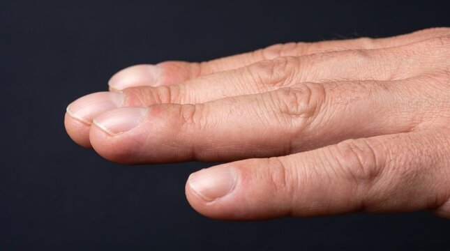 Close up of human fingers demonstrating mild clubbing nail deformation