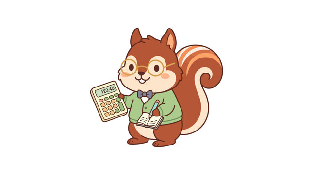 Cute Cartoon Squirrel Accountant Holding Calculator and Notebook Illustration